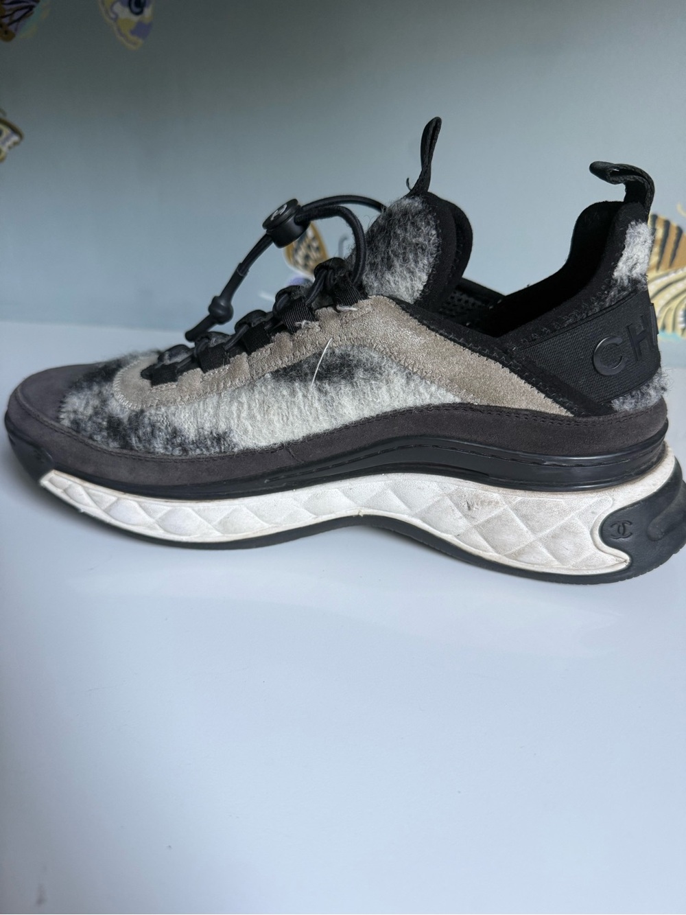 Chanel Black Gray Suede Felted Wool CC Cinch Close Sneakers - Picture 8 of 15